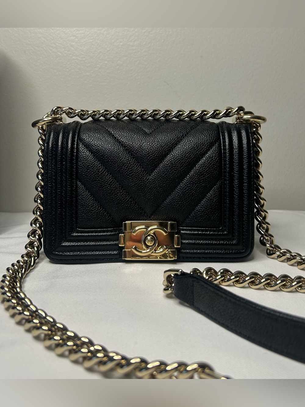 CHANEL Mini Boy Flap Bag Caviar Chevron Quilted Black/Gold